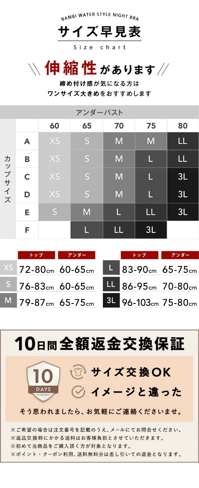 バンビウォーターナイトブラのサイズ早見表