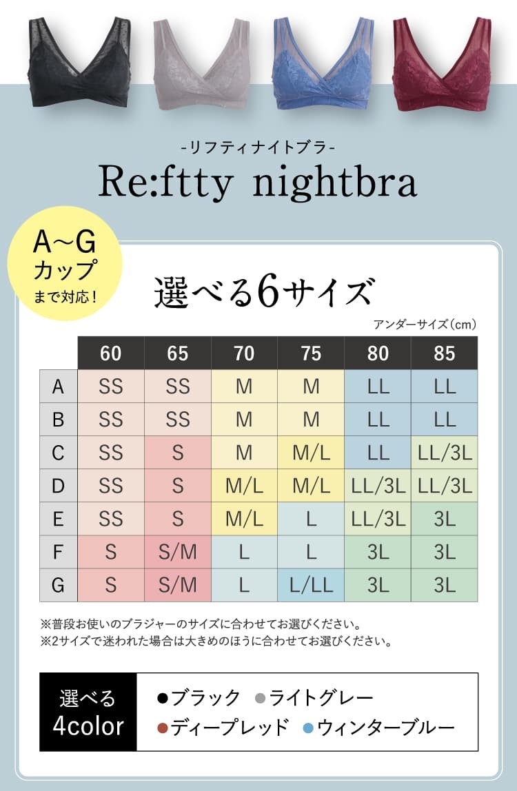 リフティナイトブラのサイズ表